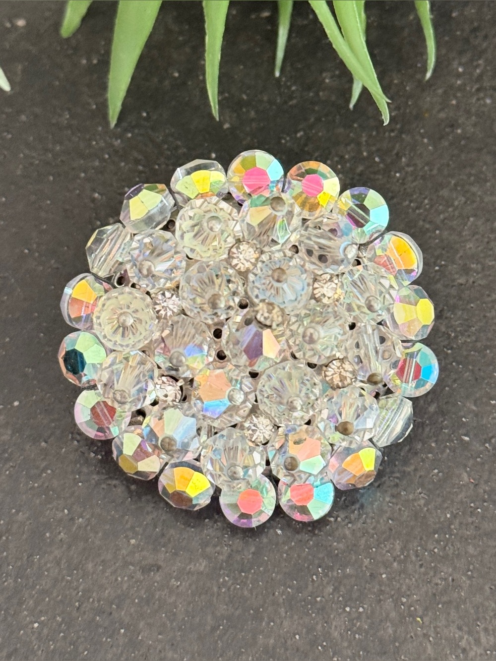 Vintage 50s Retro Aurora Borealis Glass Bead Clear Rhinestone Cluster Brooch